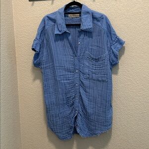 We The Free Textured Short-Sleeve Button-Up Cover-Up in Blue